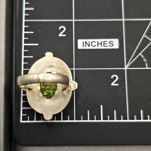 925 Sterling Silver Plt Dichroic Glass Ring Size 9 Green Iridescent Bezel Settin - Picture 11 of 12
